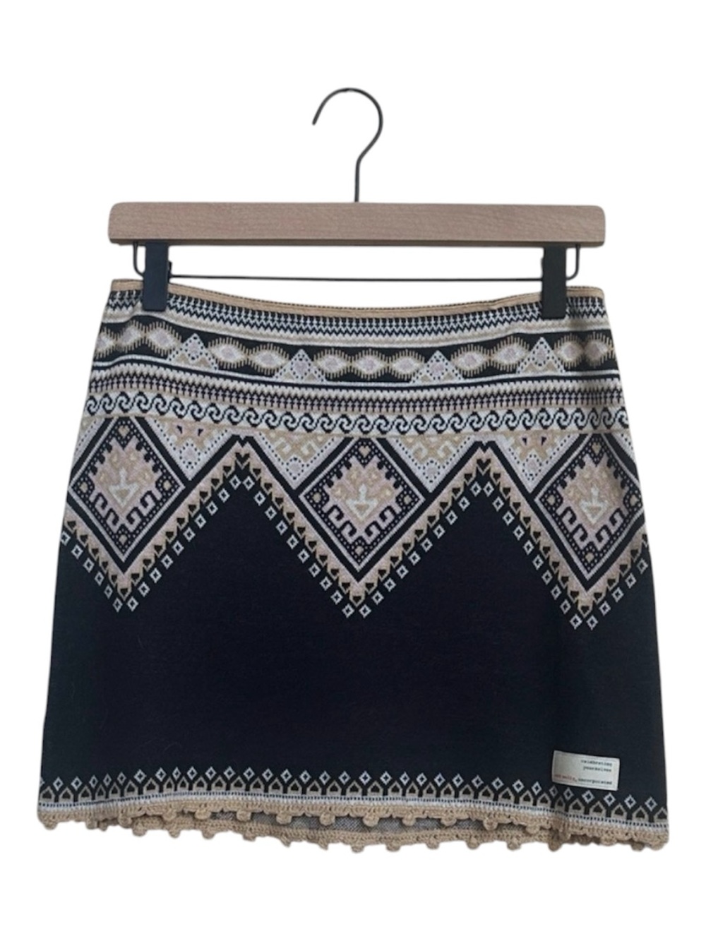 Odd Molly Nordic Fair Isle Knit Mini Skirt Black Cream Boho Pom Trim Women Small